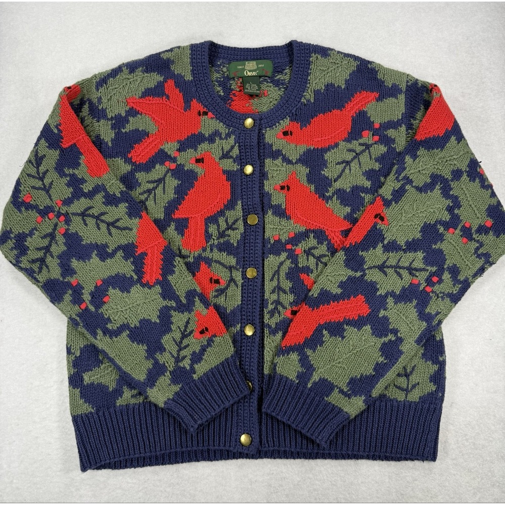 Orvis Cardigan Women's L Blue Green Sweater Cardinal Bird Christmas Holiday